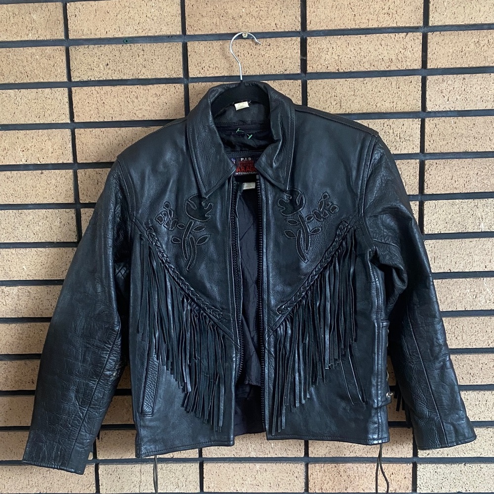 Black Leather Fringe Jacket Rose Vintage